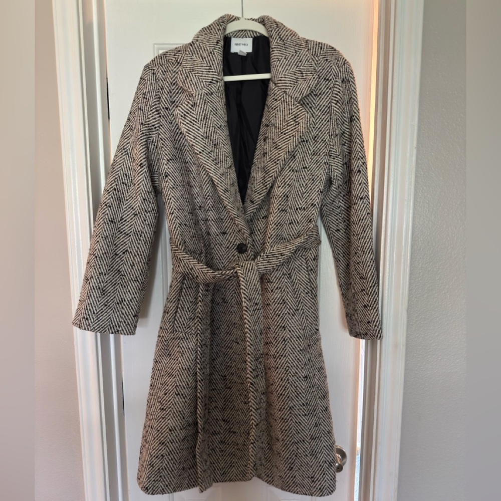 Nine West Brown and Cream Herringbone Belted Coat